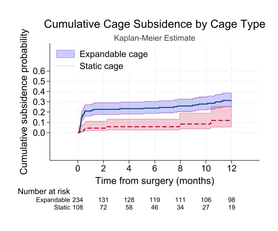 Figure 2. Kaplan-Meier estimates of cumulative cage subsidence probability over 12 months, stratified by cage type. Expandable cages (navy, solid line) showed s
