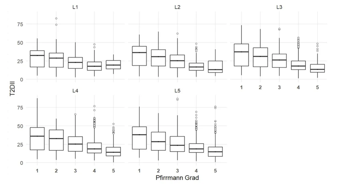 Figure 1: Exemplary T2 sagittal MRI-based assessment of lumbar intervertebral discs (L1–S1) illustrating disc measurements and zonal subdivision of individual d