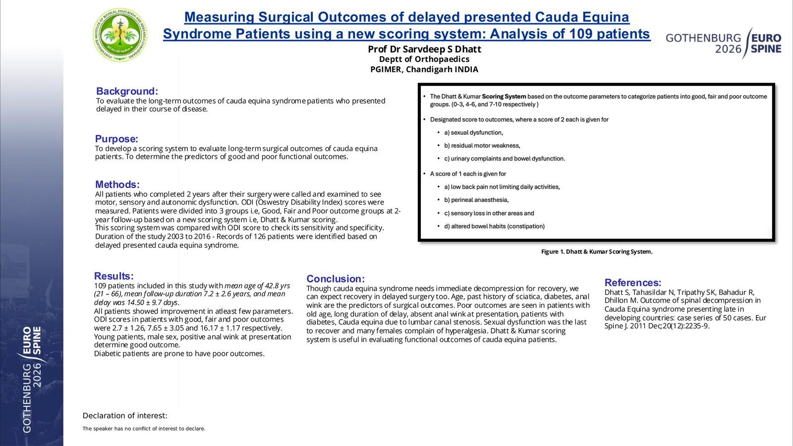 Poster 000266: Measuring Surgical Outcomes of delayed presented Cauda Equina Syndrome Patients using a new scoring system: Analysis of 109 patients