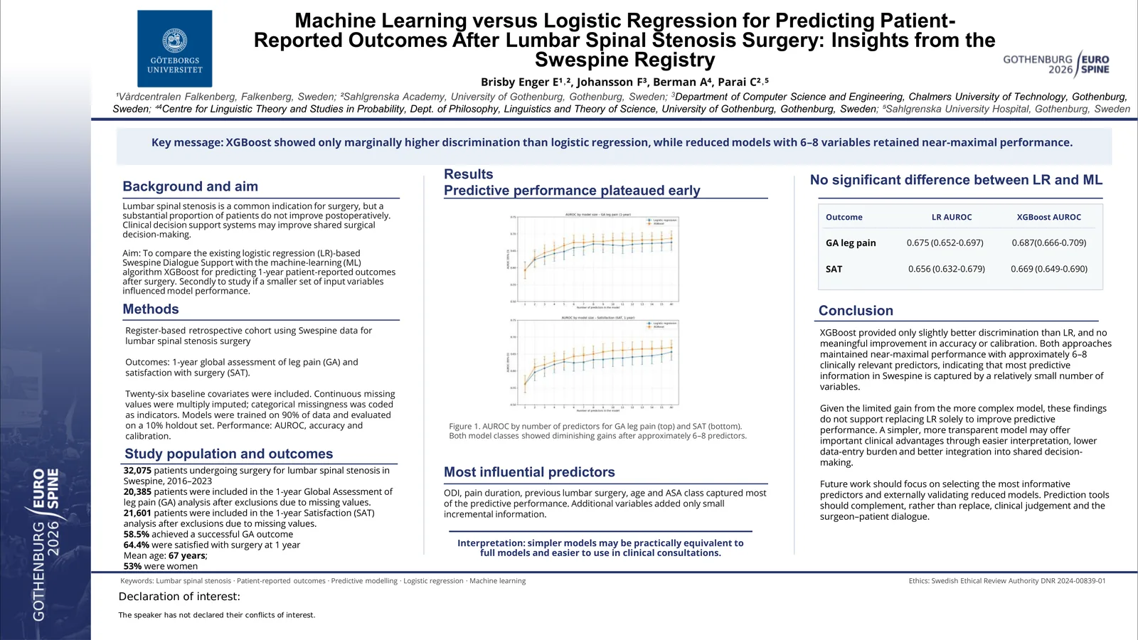 Poster 000384: Machine Learning versus Logistic Regression for Predicting Patient-Reported Outcomes After Lumbar Spinal Stenosis Surgery: Insights from the Swespine Registry