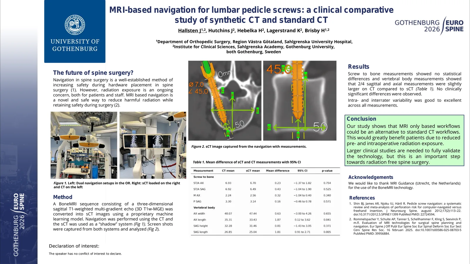 Poster 000400: Zero radiation surgery: A pilot study of MRI- based navigation in spine surgery