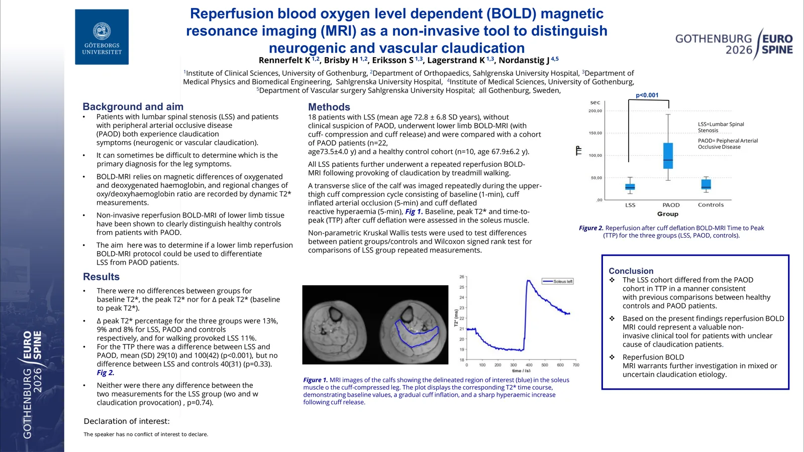 Poster 000556: Reperfusion blood oxygen level dependent (BOLD) magnetic resonance imaging (MRI) as a non invasive tool to distinguish neurogenic and vascular claudication