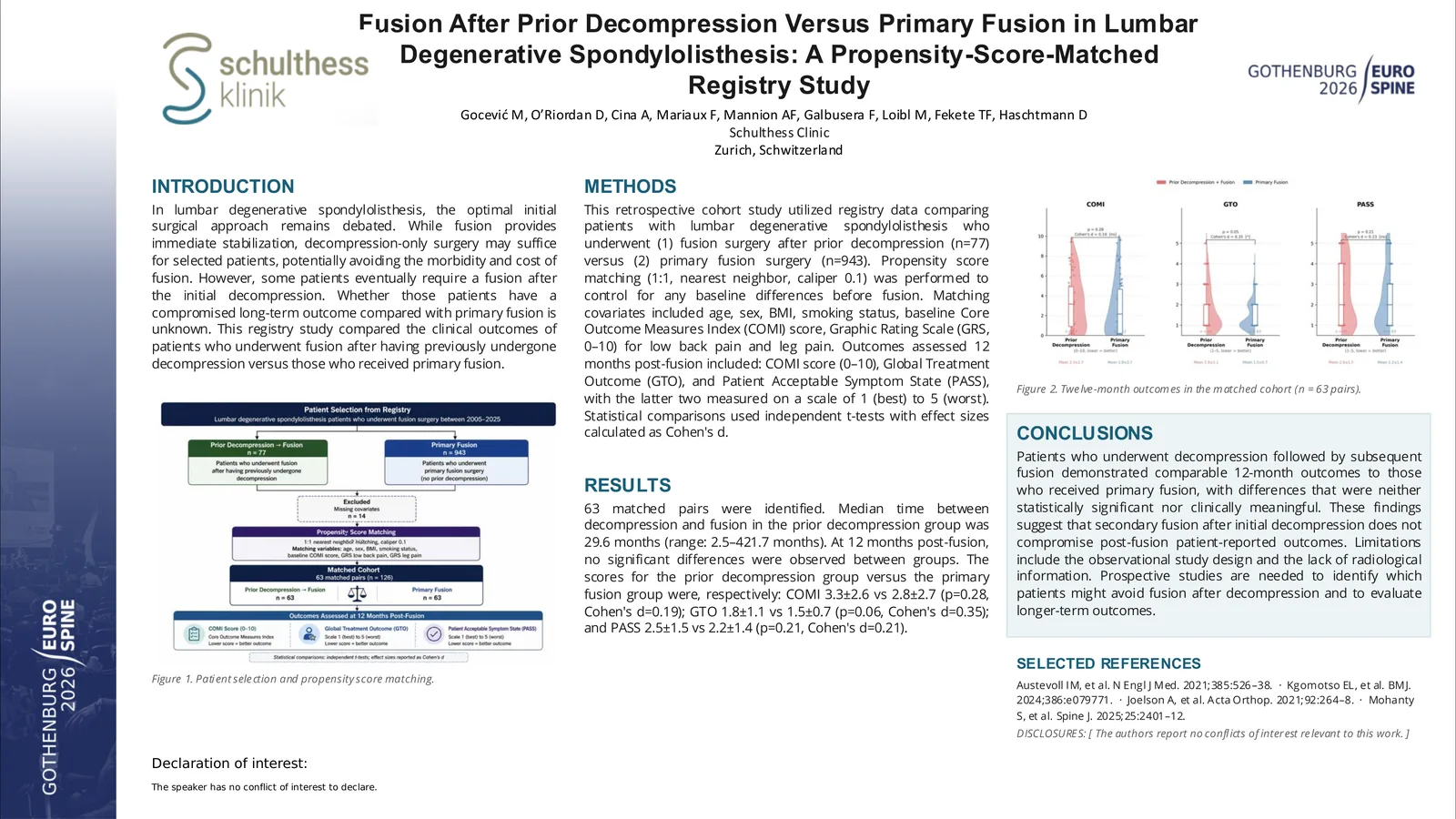 Poster 000722: Clinical outcomes after decompression followed by fusion versus primary fusion for lumbar degenerative spondylolisthesis: an analysis of propensity score-matched registry data