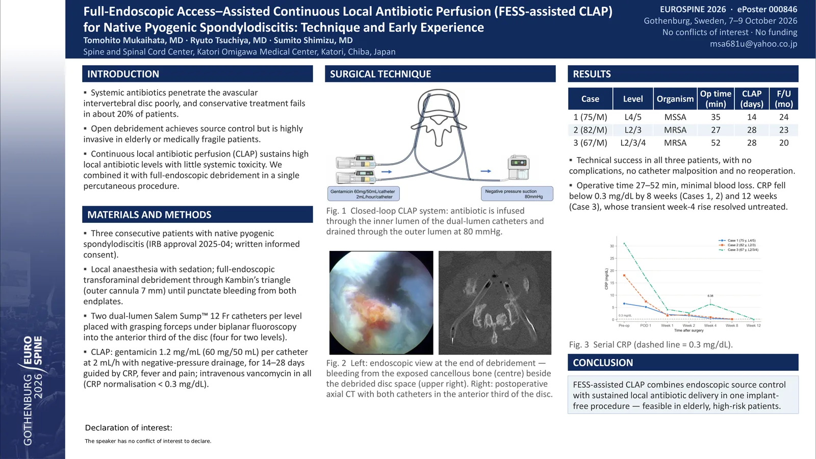 Poster 000846: Full-Endoscopic Access–Assisted Continuous Local Antibiotics Perfusion (FESS-assisted CLAP) for Native Pyogenic Spondylodiscitis: Technique and Early Experience
