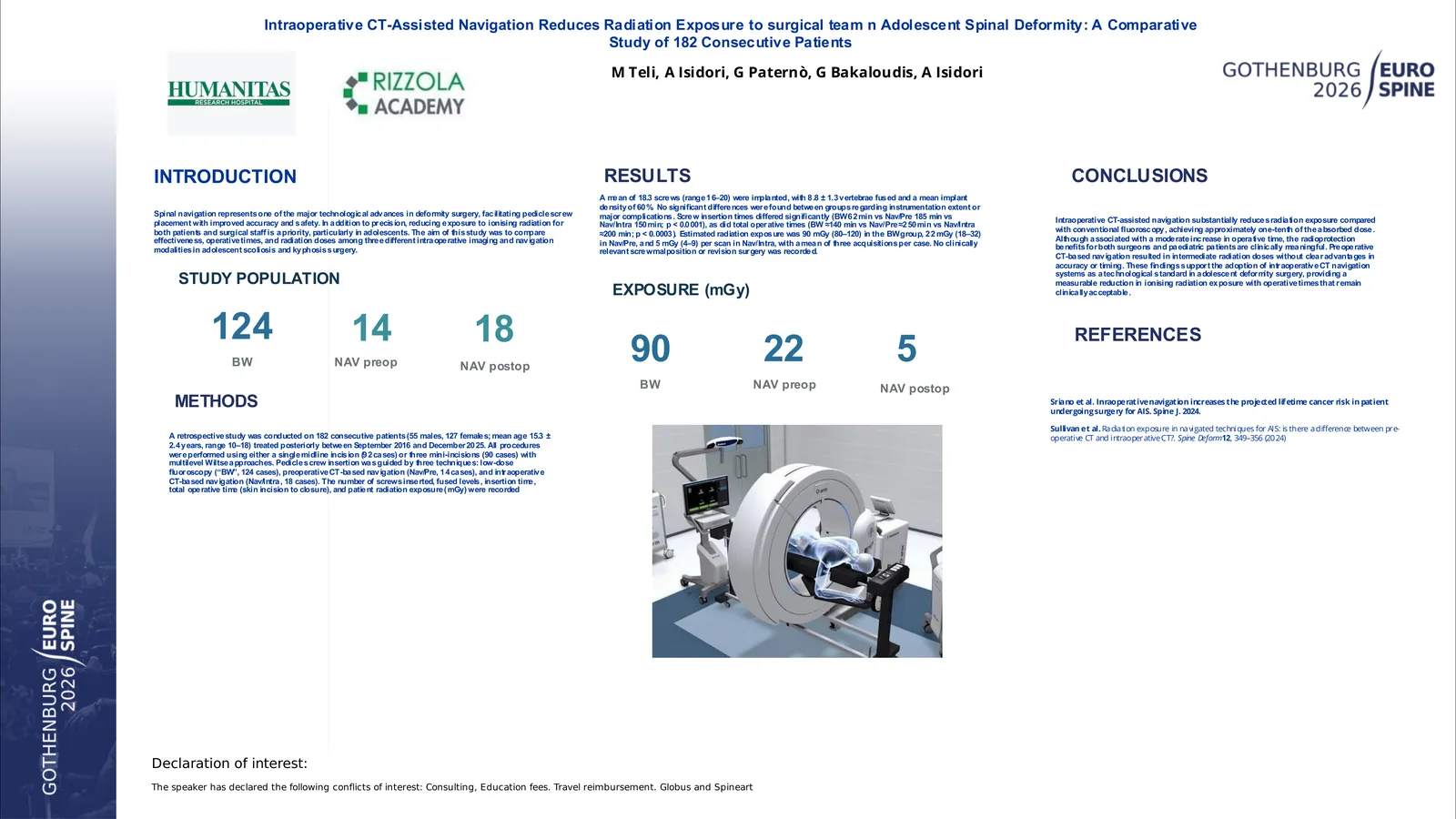 Poster 001046: Intraoperative CT-Assisted Navigation Reduces Radiation Exposure in Adolescent Spinal Deformity: A Comparative Study of 182 Consecutive Patients